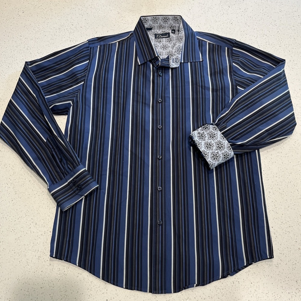 7 Diamond Navy Blue Striped Long Sleeve Flip Cuff Shirt‎ Xlarge